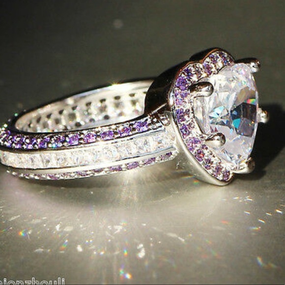 925 Princess Cut 3.8 CT Purple CZ Heart Ring - Picture 8 of 9